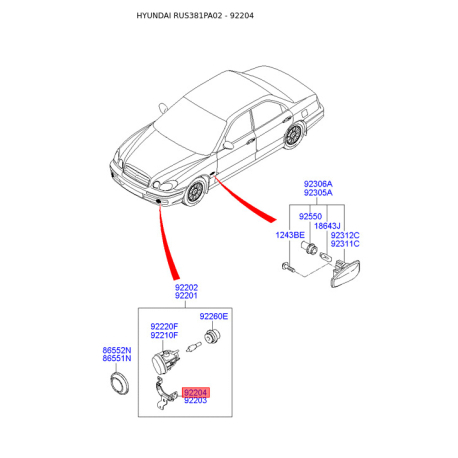 Кронштейн, противотуманная фара правая 92242-3D000 Mobis - 922423D000 - схема с каталога 92204, RUS381PA02 922423D000