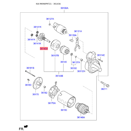 Провідна шестерня стартер 36143-2E500 Mobis - 361432E500 - схема з каталогу 36143A, MKMAPM721 361432E500
