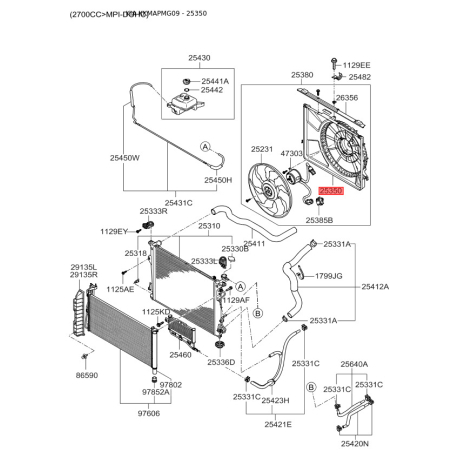 Вентилятор радіатора охолодження 25350-2G200 Mobis - 253502G200 - схема з каталогу 25350, KKMAPMG09 253502G200