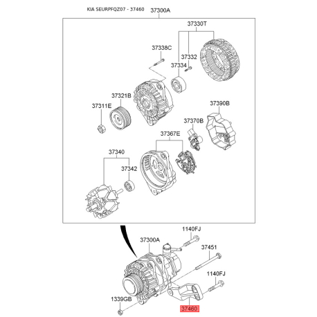 Захисна кришка, генератор 37460-37200 Mobis - 3746037200 - схема з каталогу 37460, SEURPFQZ07 3746037200