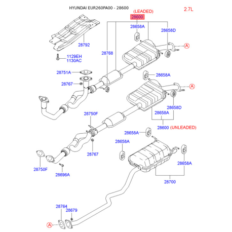 Глушитель выхлопных газов средний передний 28610-26380 Mobis - 2861026380 - схема с каталога 28600, EUR260PA00 2861026380