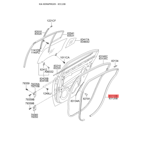 Ущільнення дверей ліве 83110-2G000VA Mobis - 831102G000VA - схема з каталогу 83110B, KKMAPMG09 831102G000VA