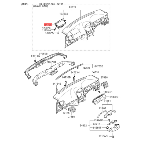 Накладка панелі приладів (торпеди) 84530-2F000 Mobis - 845302F000 - схема з каталогу 84738, KEURPLD06 845302F000