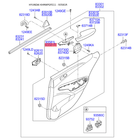 Ручка дверей, внутрішнє обладнання права 93581-3S060YDA Mobis - 935813S060YDA - схема з каталогу 93581R, KHMAPGFE11 935813S060YDA