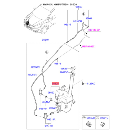 Бачок омывателя 98620-2S100 Mobis - 986202S100 - схема с каталога 98620, KHMAPTM10 986202S100