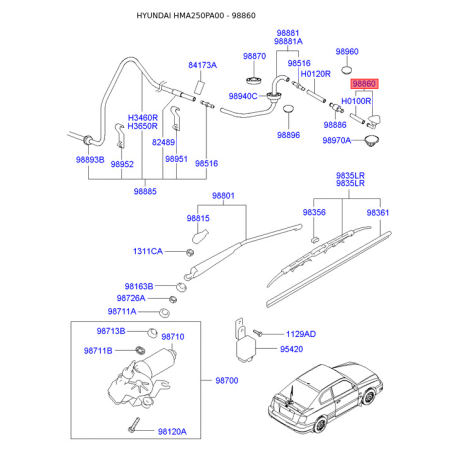 Кріплення молдинга даху 98930-27500 Mobis - 9893027500 - схема з каталогу 98860, HMA250PA00 9893027500