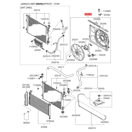 Вентилятор радиатора охлаждения 25380-2G670 Mobis - 253802G670 - схема с каталога 25380, KEURPMG09 253802G670