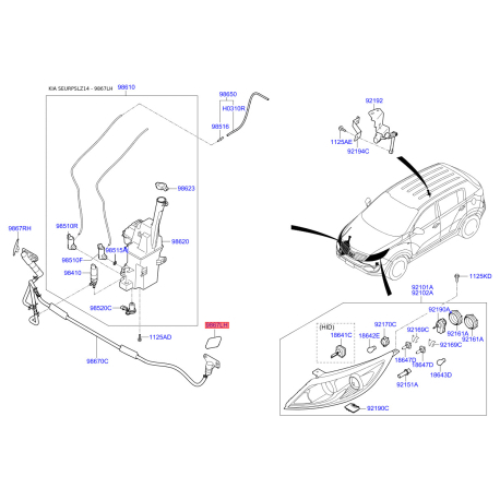 Форсунка (распылитель) омывателя ветрового стекла левая 98675-3U000 Mobis - 986753U000 - схема с каталога 9867LH, SEURPSLZ14 986753U000
