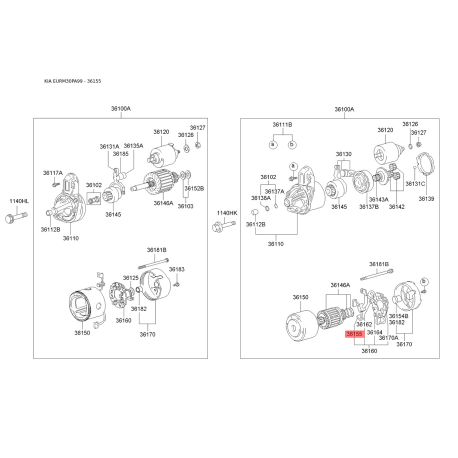 Угольная щетка, стартер 36155-32510 Mobis - 3615532510 - схема с каталога 36155, EURM30PA99 3615532510