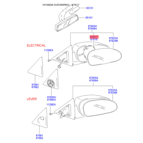 Привод зекрала наружного левый 87650-22000 Mobis - 8765022000 - схема с каталога 87617, EUR380PA02 8765022000