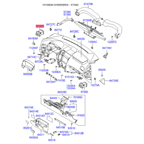 Повітропровід системи опалення та кондиціонування лівий 97480-2E001WK Mobis - 974802E001WK - схема з каталогу 97480, KHMAPJM04 974802E001WK