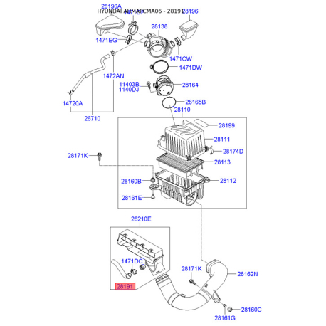 Рукав воздухозаборника, воздушный фильтр 28192-2B100 Mobis - 281922B100 - схема с каталога 28191, AHMAPCMA06 281922B100