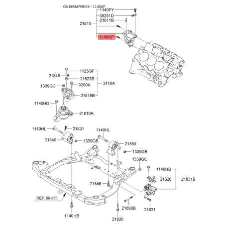 Болт системи охолодження 21614-3E101 Mobis - 216143E101 - схема з каталогу 1140AP, KKMAPMG09 216143E101