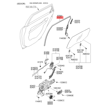 Ущільнення дверей ліве 83530-2F000 Mobis - 835302F000 - схема з каталогу 83531, KKMAPLS06 835302F000