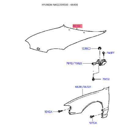 Капот двигателя 66400-22520 Mobis - 6640022520 - схема с каталога 66400, NAS2209500 6640022520