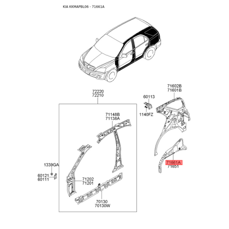 Підсилювач задній боковини правий 71661-3E100 Mobis - 716613E100 - схема з каталогу 71661A, KKMAPBL06 716613E100
