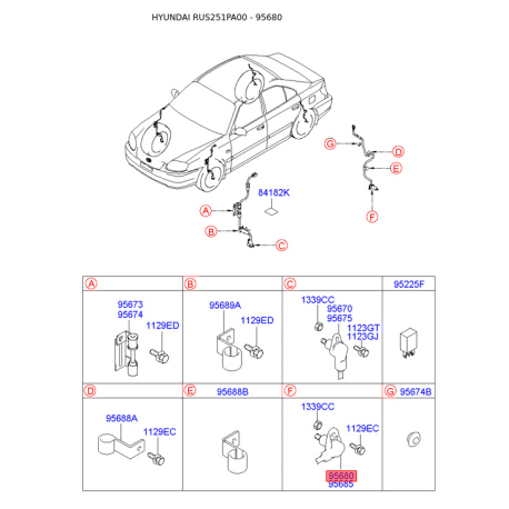Датчик частоти обертання колеса (ABS) задній лівий 95681-25000 Mobis - 9568125000 - схема з каталогу 95680, RUS251PA00 9568125000