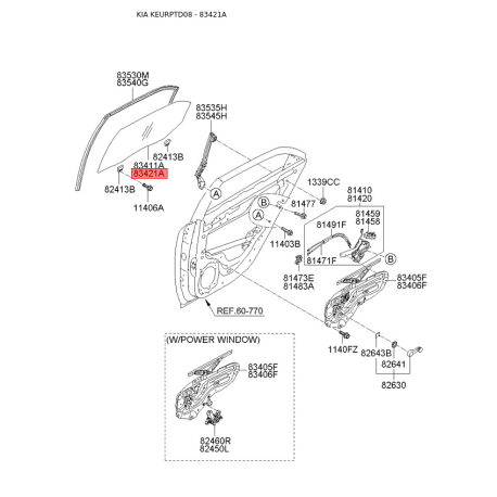 Боковое стекло (окно) двери правое 83420-1M000 Mobis - 834201M000 - схема с каталога 83421A, KEURPTD08 834201M000