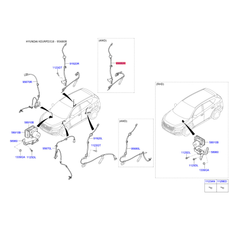 Датчик частоты вращения колеса (ABS) задний правый 95681-D3010 Mobis - 95681D3010 - схема с каталога 95680R, KEURPD318 95681D3010