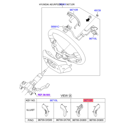Кнопка управления автомагнитолой на руле правая 96700-3X801SA5 Mobis - 967003X801SA5 - схема с каталога 96710R, AEURPSDA14 967003X801SA5