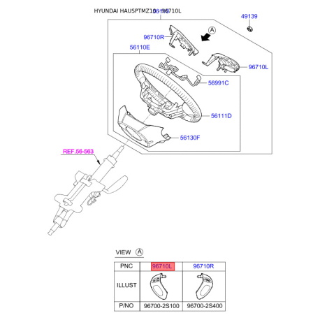 Кнопка управления автомагнитолой на руле левая 96700-2S100SAS Mobis - 967002S100SAS - схема с каталога 96710L, HAUSPTMZ10 967002S100SAS