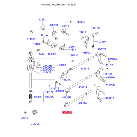 Вал (вісь) важеля перемикання 43812-3A000 Mobis - 438123A000 - схема з каталогу 43812A, KEURPFO04 438123A000