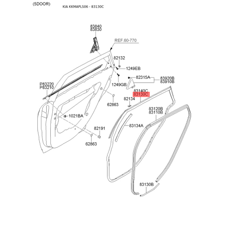 Ущільнення дверей ліве 83130-2F200 Mobis - 831302F200 - схема з каталогу 83130C, KKMAPLS06 831302F200