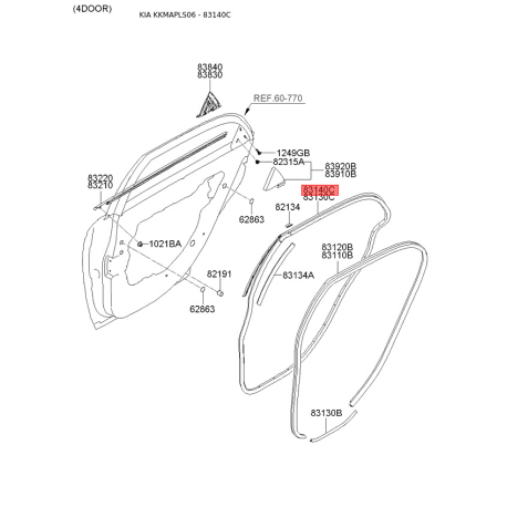 Ущільнення дверей праве 83140-2F200 Mobis - 831402F200 - схема з каталогу 83140C, KKMAPLS06 831402F200