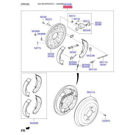 Щит заднего стояночного тормоза в сборе правый 58400-0U000 Mobis - 584000U000 - схема с каталога 58400B, REURPDXR15 584000U000