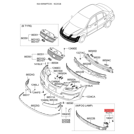 Фара противотуманная левая 92201-1G000 Mobis - 922011G000 - схема с каталога 92201B, KKMAPTC05 922011G000