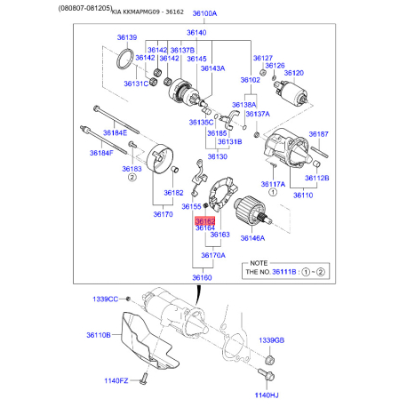 Угольная щетка, стартер 36162-37300 Mobis - 3616237300 - схема с каталога 36162, KKMAPMG09 3616237300