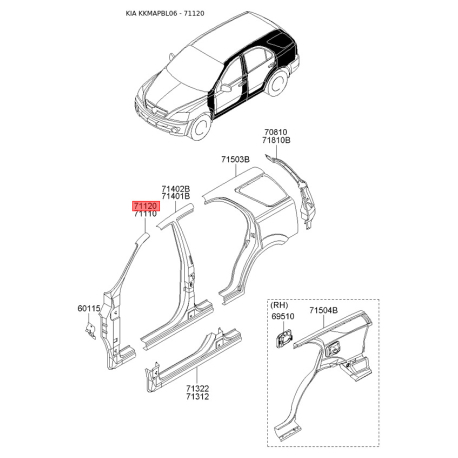 Боковина права 71102-3E4A1 Mobis - 711023E4A1 - схема з каталогу 71120, KKMAPBL06 711023E4A1