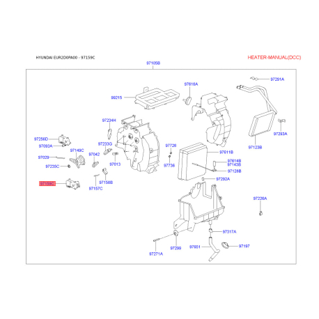 Кришка (корпус або кронштейн) обігрівача 97159-2D205 Mobis - 971592D205 - схема з каталогу 97159C, EUR2D0PA00 971592D205