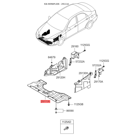 Защита двигателя / поддона двигателя передняя 29110-2F310 Mobis - 291102F310 - схема с каталога 29111A, KKMAPLS06 291102F310