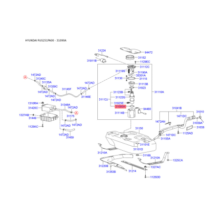 Прокладка, датчик уровня топлива 31090-25000 Mobis - 3109025000 - схема с каталога 31090A, RUS251PA00 3109025000