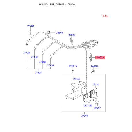 Свічка запалювання 18823-08101 Mobis - 1882308101 - схема з каталогу 10930A, EUR1C0PA02 1882308101