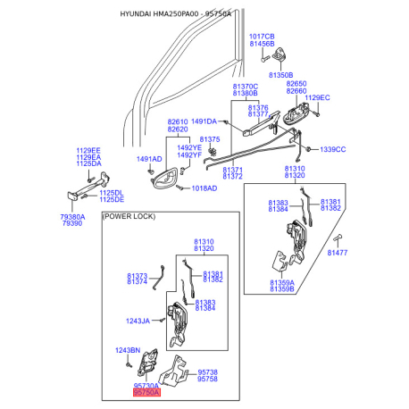 Электропривод замка двери (актуатор) правый 95736-25020 Mobis - 9573625020 - схема с каталога 95750A, HMA250PA00 9573625020