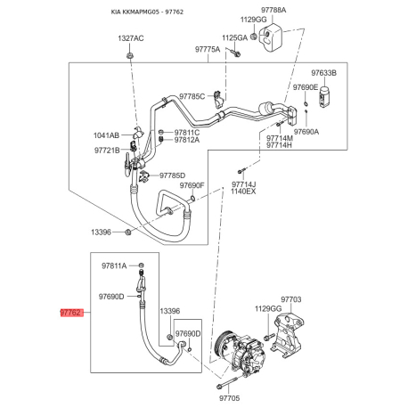 Трубопровід високого/низкого тиску, кондиціонер 97762-2G101 Mobis - 977622G101 - схема з каталогу 97762, KKMAPMG05 977622G101