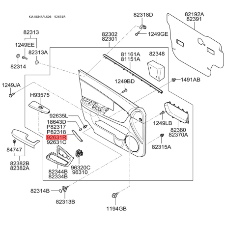 Ручка двери, внутреннее оснащение правая 92642-2F000 Mobis - 926422F000 - схема с каталога 92631R, KKMAPLS06 926422F000