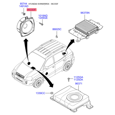 Динамик двери, торпеды, бампера или задней полки 96330-2E100 Mobis - 963302E100 - схема с каталога 96330F, KHMAPJM04 963302E100