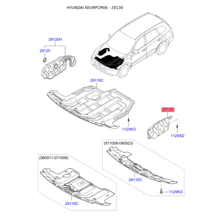 Захист двигуна / піддон двигуна лівий 29130-2B150 Mobis - 291302B150 - схема з каталогу 29130, KEURPCM06 291302B150