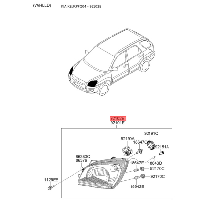 Фара основная правая 92102-1F521 Mobis - 921021F521 - схема с каталога 92102E, KEURPFQ04 921021F521