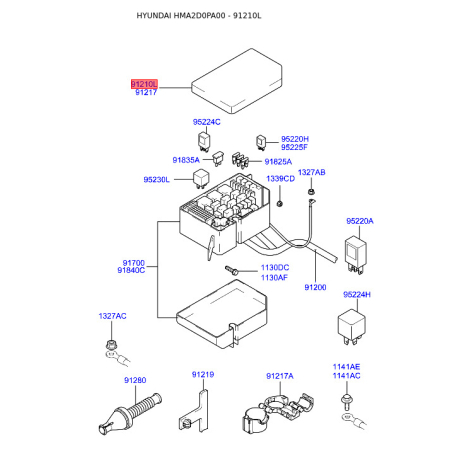 Коробка предохранителей и реле верхняя 91210-2D032 Mobis - 912102D032 - схема с каталога 91210L, HMA2D0PA00 912102D032