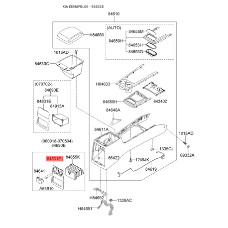 Центральна консоль комплектуючи 84651-3E620WK Mobis - 846513E620WK - схема з каталогу 84631E, KKMAPBL06 846513E620WK