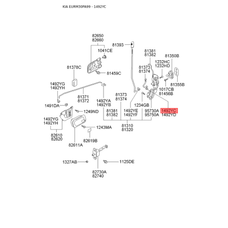 Засувка (фіксатор) замка дверей і кріплення 14929-22010 Mobis - 1492922010 - схема з каталогу 1492YC, EURM30PA99 1492922010