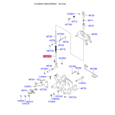 Рычаг переключения передач в салоне АКПП 46710-2D200 Mobis - 467102D200 - схема с каталога 46710A, HMA2D0PA00 467102D200