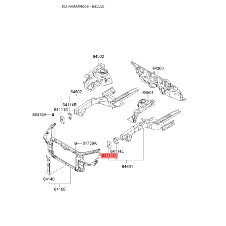 Кронштейн, облицювання радіатора лівий 64675-2G100 Mobis - 646752G100 - схема з каталогу 64111C, KKMAPMG09 646752G100