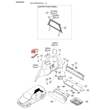 Уплотнитель (уплотнение) двери правый 0K2FA-72760 Mobis - 0K2FA72760 - схема с каталога 11, EURKRS002A 0K2FA72760