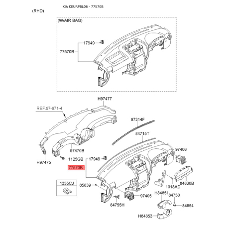 Накладка панели прибров (торпеды) 84710-3E002WK Mobis - 847103E002WK - схема с каталога 77570B, KEURPBL06 847103E002WK