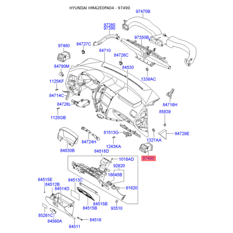 Воздуховод системы отопления и кондиционирования правый 97490-2E000LM Mobis - 974902E000LM - схема с каталога 97490, HMA2E0PA04 974902E000LM